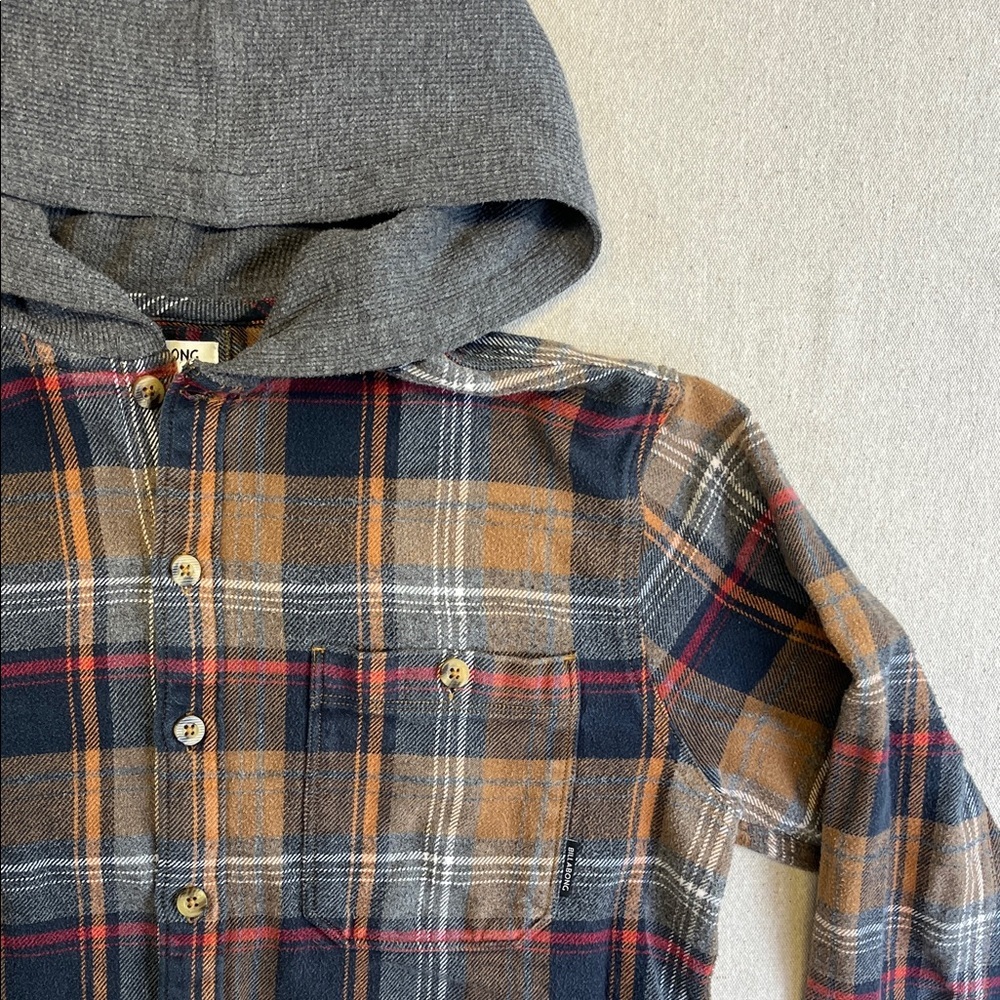 Billabong Plaid Hooded Flannel Shirt Jacket Brown Gray Core Fit Large - Picture 3 of 7